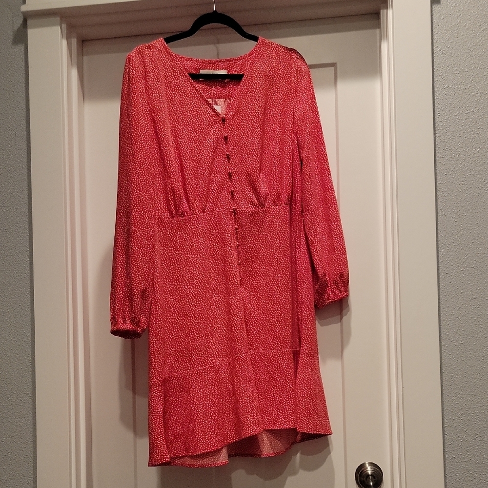 LOFT Pink and White Buttoned Sundress with Bishop Sleeves